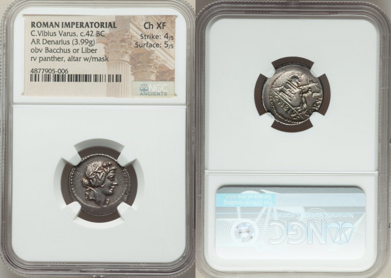 C. Vibius Varus (ca. 42 BC). AR denarius (18mm, 3.99 gm, 7h). NGC Choice XF 4/5 ...