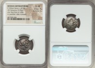 C. Vibius Varus (ca. 42 BC). AR denarius (18mm, 3.99 gm, 7h). NGC Choice XF 4/5 - 5/5. Rome. Head of young Bacchus right, crowned with ivy / Panther s...