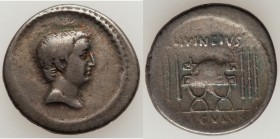 L. Livineius Regulus (42 BC). AR denarius (19mm, 3.86 gm, 8h). Fine. Rome. Bare head of the praetor L. Regulus right / L•LIVINEIVS-REGVLVS, curule cha...