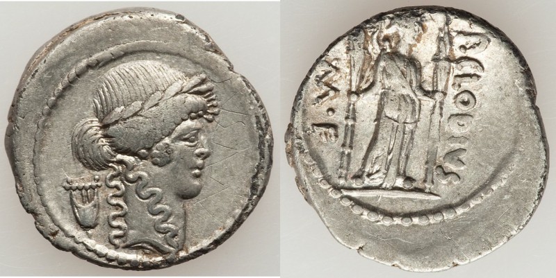 P. Clodius M.f. Turrinus (42 BC). AR denarius (20mm, 3.80 gm, 8h). XF, graffito....