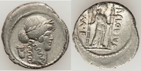 P. Clodius M.f. Turrinus (42 BC). AR denarius (20mm, 3.80 gm, 8h). XF, graffito. Rome. Laureate head of Apollo right; lyre behind / P•CLODIVS-M•F, Dia...