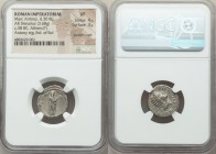 Marc Antony, as Triumvir (43-30 BC). AR denarius (18mm, 3.68 gm, 10h). NGC VF 4/5 - 3/5, bankers mark. Athens, 38/7 BC. M•ANTONIVS•M•F•M•N•AVGVR•IMP•T...