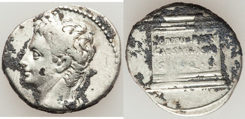Augustus (27 BC-AD 14). AR denarius (18mm, 3.76 gm, 6h). Fine, encrustation. Unc...