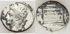 Augustus (27 BC-AD 14). AR denarius (18mm, 3.76 gm, 6h). Fine, encrustation. Uncertain Spanish mint, 20-19 BC. Laureate head left / Altar inscribed FO...