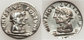 Augustus (27 BC-AD 14). AR denarius (18mm, 3.86 gm, 12h). XF, brockage. Rome, moneyer Q. Rustius, 19 BC. Q RVSTIVS FORTVNAE, jugate busts right of For...