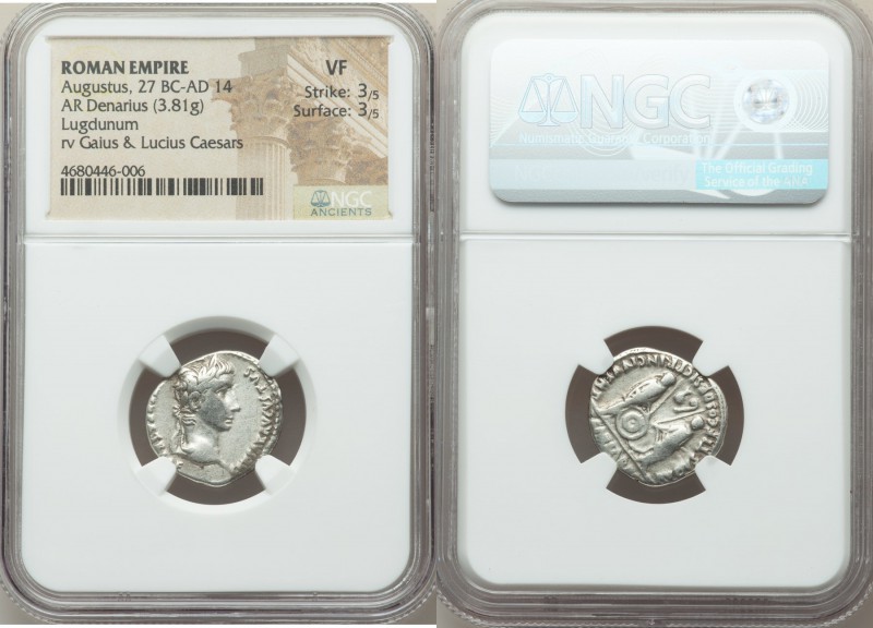 Augustus (27 BC-AD 14). AR denarius (19mm, 3.81 gm, 2h). NGC VF 3/5 - 3/5. Lugdu...