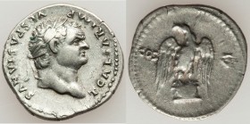 Titus, as Caesar (AD 70-79). AR denarius (19mm, 3.49 gm 7h). XF. Rome, 76 AD. T CAESAR IMP - VESPASIANVS Head laureate right / Eagle standing front, h...