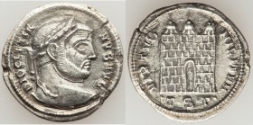 Diocletian (AD 284-305). AR argenteus (20mm, 2.98 gm, 2h). XF, scratches. Thessalonica, AD 302. DIOCLETIA-NVS AVG, laureate head right / VIRTVS MILITV...