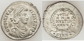 Constantius II, as Augustus (AD 337-361). AR heavy siliqua (21mm, 3.06 gm, 2h). NGC (photo-certificate) AU 4/5 - 2/5. Sirmium, AD 355-361. D N CONSTAN...