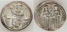 Andronicus II Palaeologus and Michael IX (AD 1294-1320). AR basilicon (23mm, 2.16 gm, 6h). VF. Constantinople, AD 1304-1320. KYPIЄ-BOHΘЄI, Christ enth...