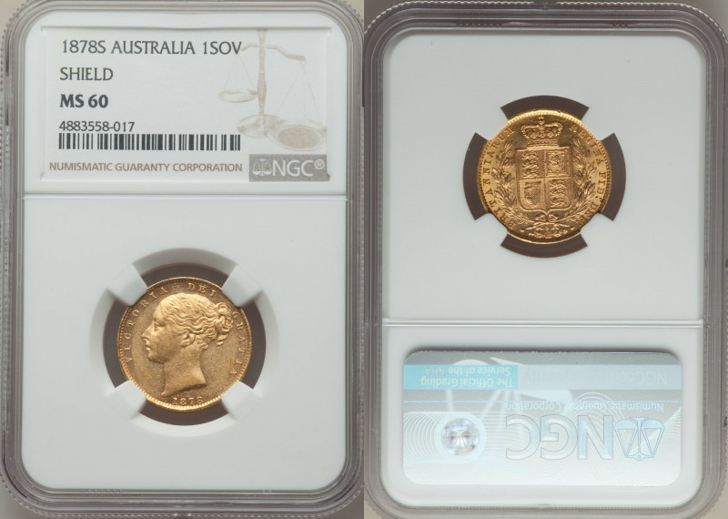 Victoria gold "Shield" Sovereign 1878-S MS60 NGC, Sydney mint, KM6. AGW 0.2355 o...