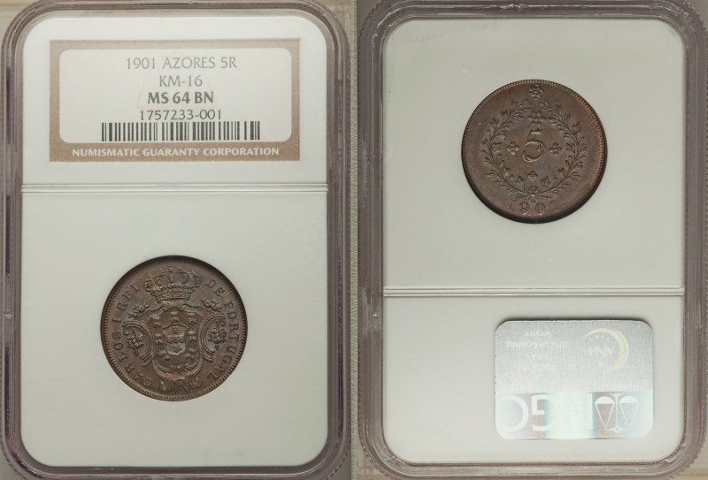 Portuguese Administration. Carlos I 5 Reis 1901 MS64 Brown NGC, KM16. Lovely neo...