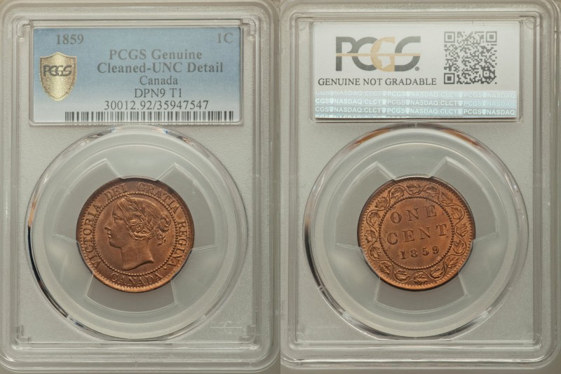 Victoria Cent 1859 UNC Details (Cleaned) PCGS, London mint, KM1, "Narrow 9, DP4"...