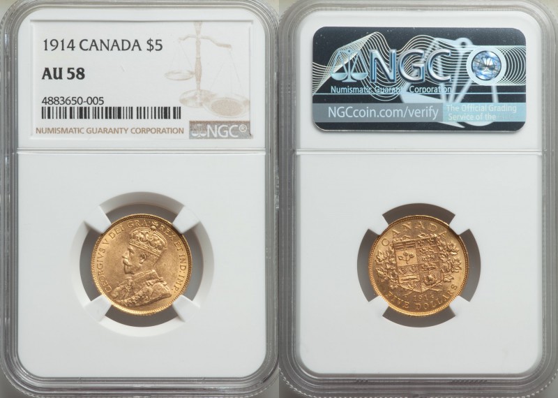 George V gold 5 Dollars 1914 AU58 NGC, Ottawa mint, KM26. AGW 0.2419 oz. 

HID09...