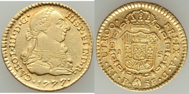Charles III gold Escudo 1777 P-SF VF, Popayan mint, KM48.2. 18mm. 3.36gm. 

HID0...
