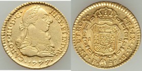 Charles III gold Escudo 1777 P-SF VF, Popayan mint, KM48.2. 18mm. 3.36gm. 

HID09801242017
