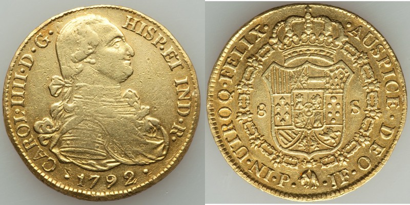 Charles IV gold 8 Escudos 1792 P-JF XF (ex-jewelry), Popayan mint, KM62.2. 36mm....