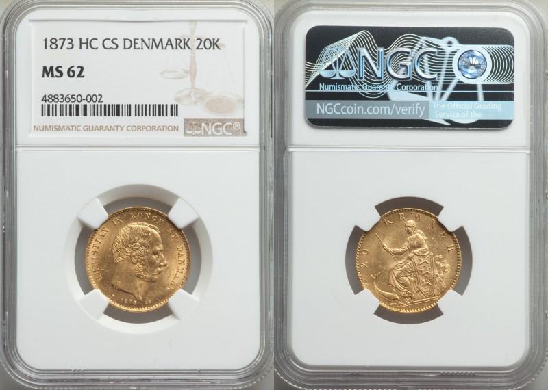 Christian IX gold 20 Kroner 1873 HC-CS MS62 NGC, Copenhagen mint, KM791.1. AGW 0...