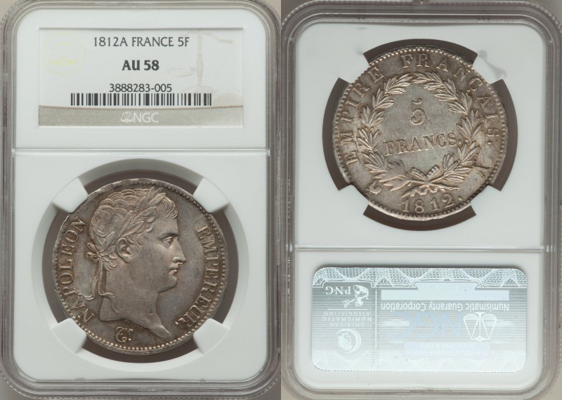 Napoleon 5 Francs 1812-A AU58 NGC, Paris mint, KM694.1.

HID09801242017