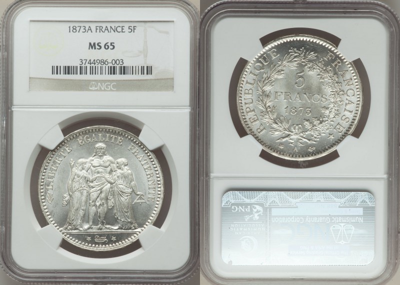 Republic 5 Francs 1873-A MS65 NGC, Paris mint, KM820.1.

HID09801242017