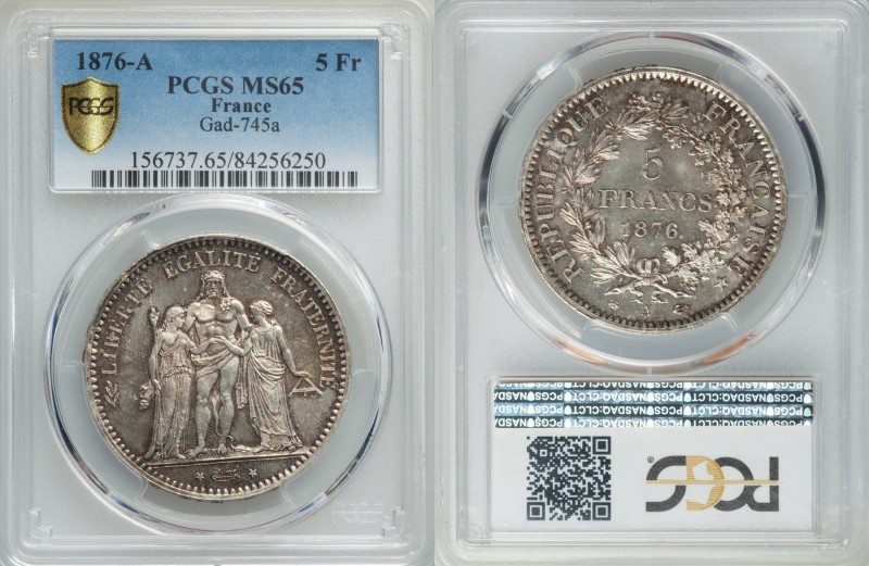 Republic 5 Francs 1876-A MS65 PCGS, Paris mint, KM820.1, Gad-745a. Popular Hercu...
