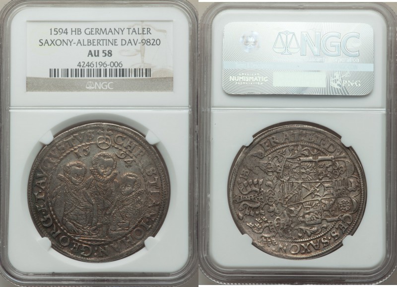 Saxony. Christian II, Johann Georg & August Taler 1594-HB AU58 NGC, Dresden mint...