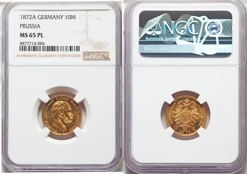 Prussia. Wilhelm I gold 10 Mark 1872-A MS65 Prooflike NGC, Berlin mint, KM502. N...