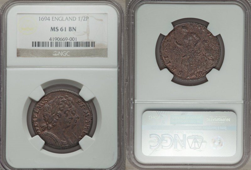 William & Mary 1/2 Penny 1694 MS61 Brown NGC, KM475.3. Nice brown surfaces with ...