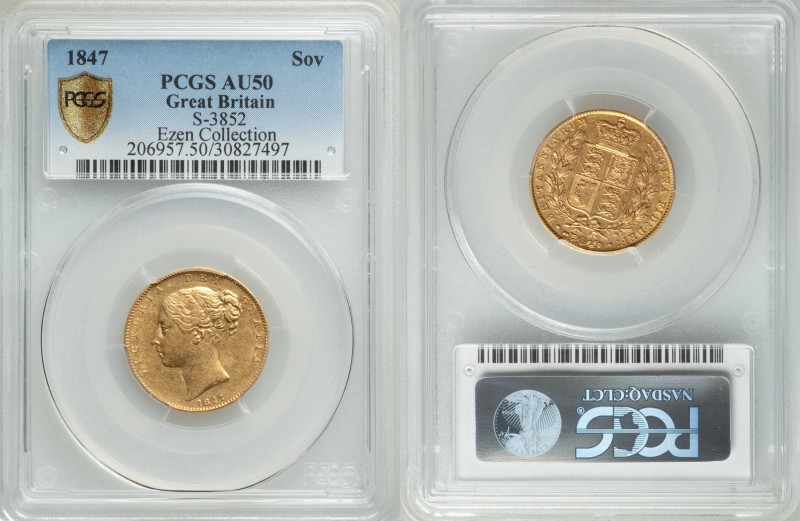 Victoria gold Sovereign 1847 AU50 PCGS, KM736.1, S-3852. AGW 0.2355 oz. Ex. Ezen...