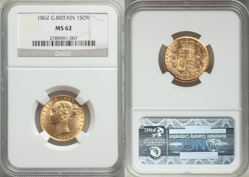 Victoria gold "Shield" Sovereign 1862 MS62 NGC, KM736.1, S-3852D. AGW 0.2355 oz....