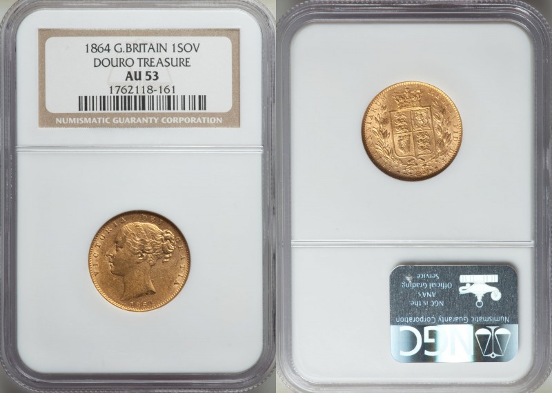 Victoria gold Sovereign 1864 AU53 NGC, KM735.2. AGW 2354 oz. Die # 40. Ex. Douro...