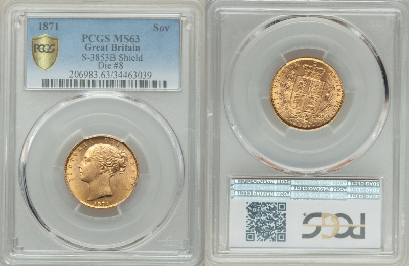 Victoria gold "Shield" Sovereign 1871 MS63 PCGS, KM736.2. Die # 8. AGW 0.2355 oz...