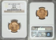 Victoria gold "Shield" Sovereign 1871 MS62 NGC, KM752, S-3856. Die # 103. AGW 0.2355 oz.

HID09801242017