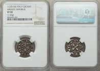 Arezzo. Republic Grosso of 12 Denars ND (1220-1250) VF30 NGC, CNI-I.8, MIR-2. 20mm. 1.63gm. +DE ARITIO cross / +SA'DONATVS St. Donatus half length fig...
