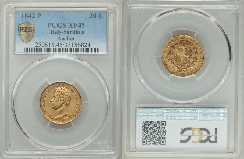 Sardinia. Carlo Alberto gold 20 Lire 1842-P XF45 PCGS, Genoa mint (Anchor mintma...