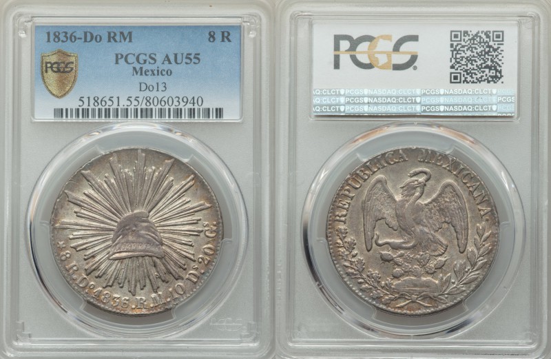Republic 8 Reales 1836 Do-RM AU55 PCGS, Durango mint, KM377.4, DP-Do13. Medal ro...