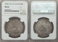Republic 8 Reales 1838/1 Do-RM MS63 NGC, Durango mint, KM377.4, DP-Do15. Medal Axis. A scarcer overdate variety endowed with a fully lustrous bloom an...