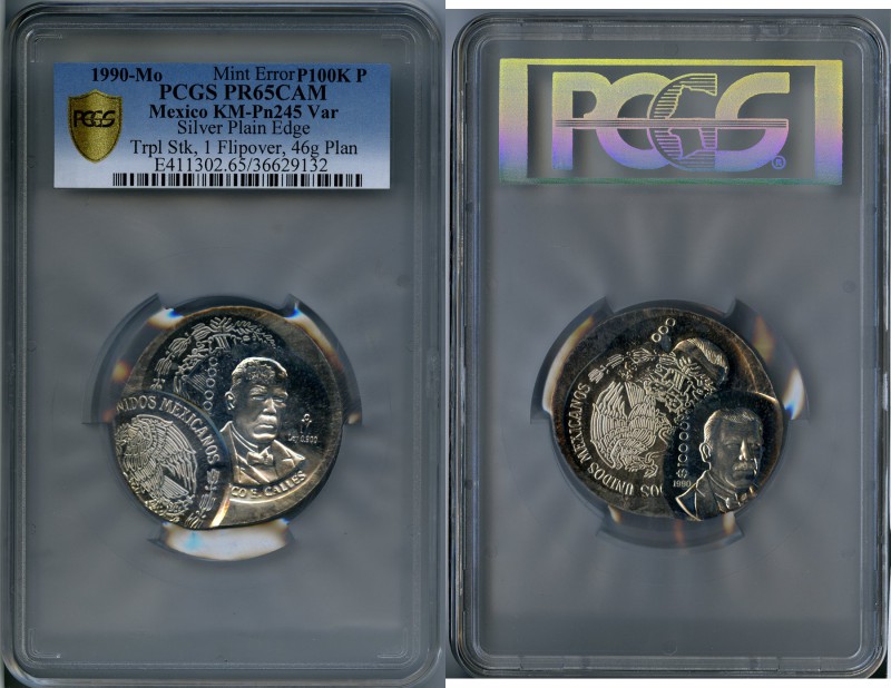 Estados Unidos Mint Error - Triple Struck silver Proof Pattern 100000 Pesos 1990...