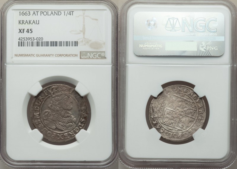 Johann II Casimir Vasa 1/4 Taler (18 Groszy) 1663-AT XF45 NGC, Cracow mint, KM-A...