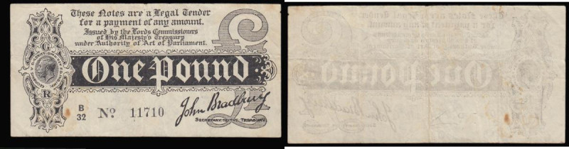 One Pound Bradbury 1914 First Issue T3.2 S/N B/32 11710, Fine one pin hole tiny ...