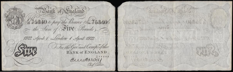 Five Pounds Harvey white B209a dated 1st April 1922 C/96 75340, VF or better