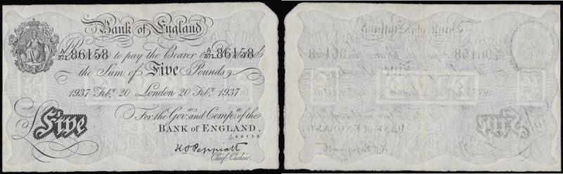 Five Pounds Peppiatt white B241 dated 20 Feb 1937 A/371 86158, Pick335a, GVF