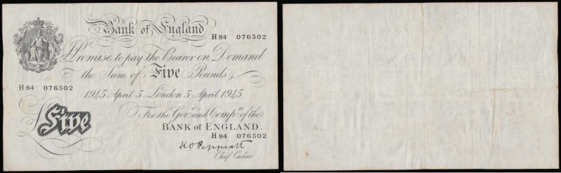 Five Pounds Peppiatt 5th April 1945, B255 thick paper, serial number H84 076502,...