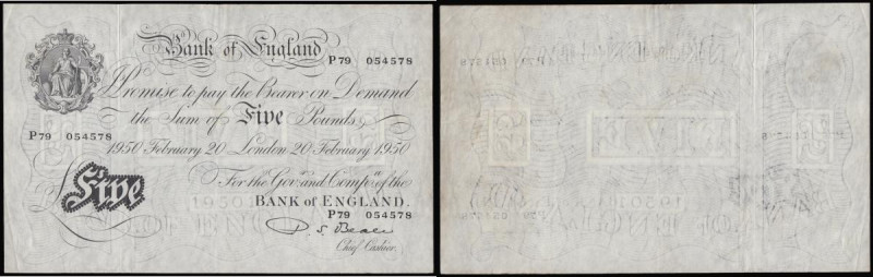 Five Pounds Beale white B270 dated 20 February1950 prefix P79, GVF-EF