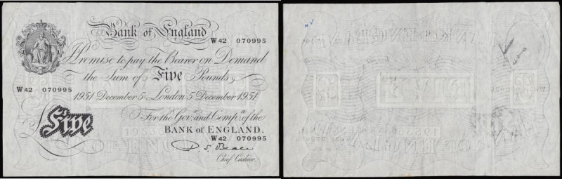 Five Pounds Beale white B270 dated 5th December 1951 W42 070995, GVF inked numbe...