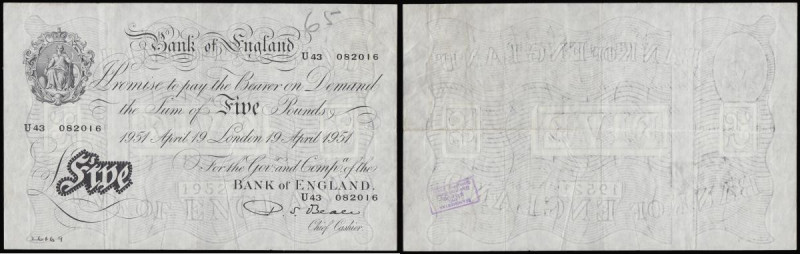 Five Pounds Beale white B270 London 19th April 1951 serial number U43 082016 Pic...