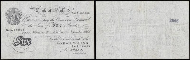 Five Pounds O'Brien white B276 dated 26th November 1955 serial B42A 053825, VF b...