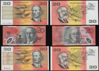 Australia Twenty Dollars (3) Fraser and Cole 1991 series M002029 80th Anniversary First Commonwealth Note printed in red on the left front, and in the...