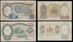 Ireland National Bank 10 Pounds dated 1st July 1959, series A50083, Pick160b, , 5 Pounds 1 September 1937 Pick 156a both Fine with pinholes and inked ...