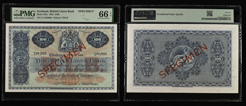 Scotland British Linen Bank 100 Pounds 9th May 1962 SPECIMEN, Pock 165s S/N U/3 ...
